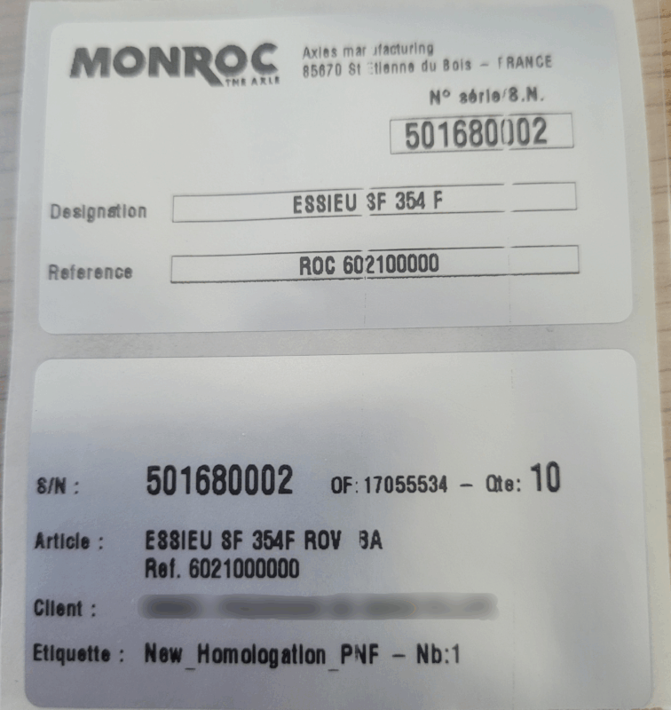 Plaque d'homologation essieu Monroc
